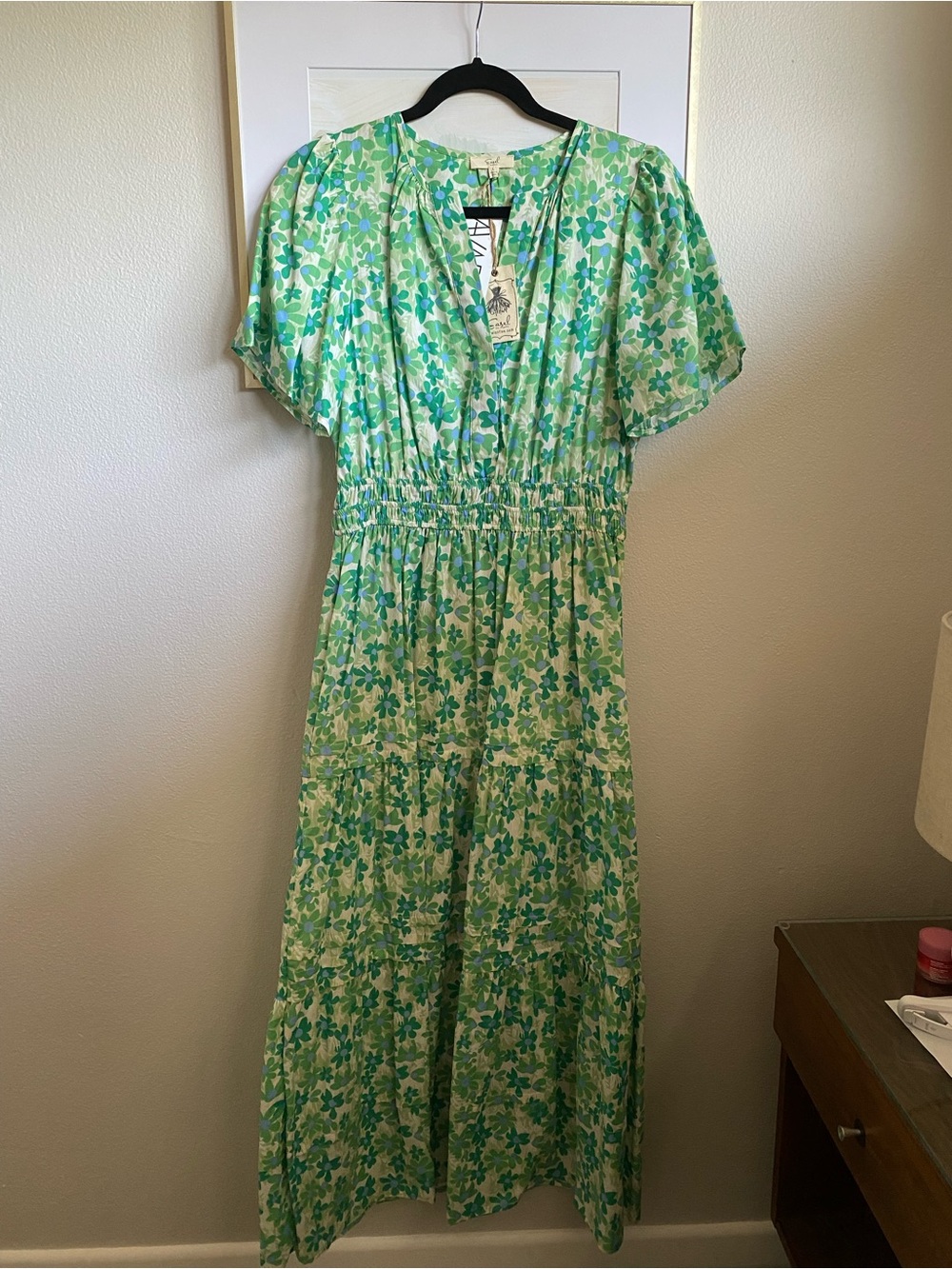 NWT Avara Sondra Green Floral Smocked Waist Maxi Dress, Sz L (8-10)